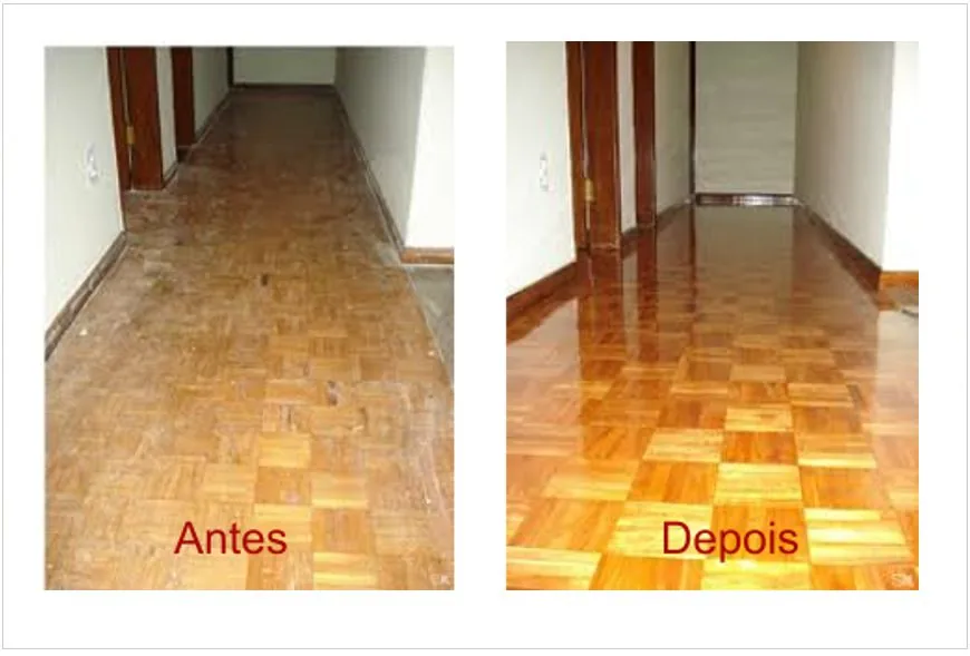 Corredor com piso de tacos antes e depois do lixamento