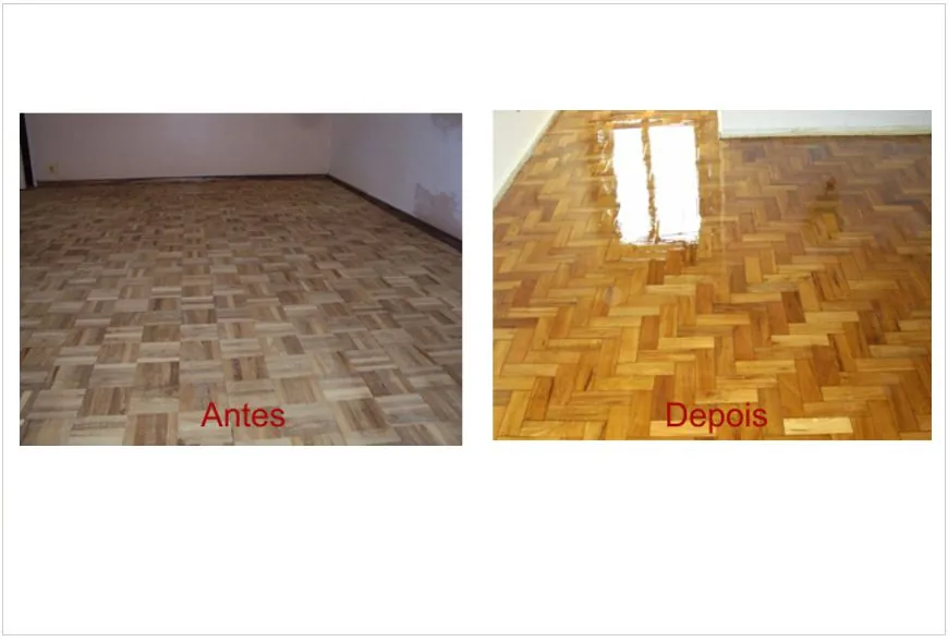 Piso de tacos antes e depois do lixamento e verniz