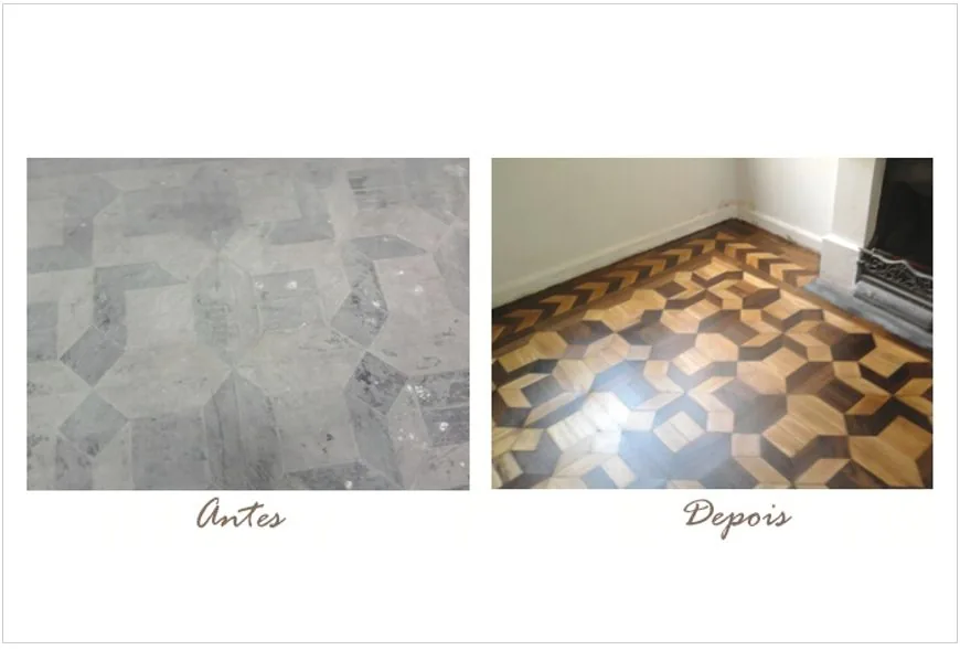 Piso antigo antes e depois da recuperação com tacos em mosaico