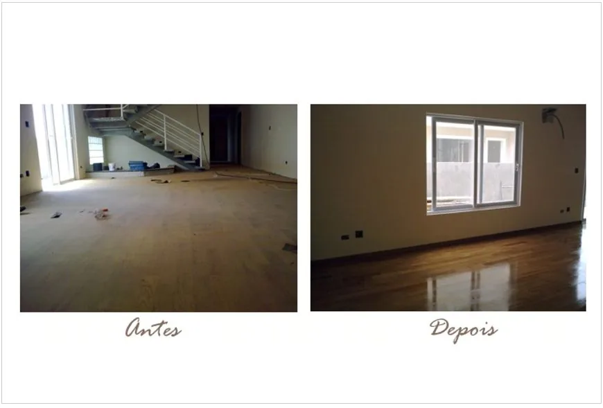 Sala antes e depois do lixamento e acabamento do piso pela RPM Lixadora